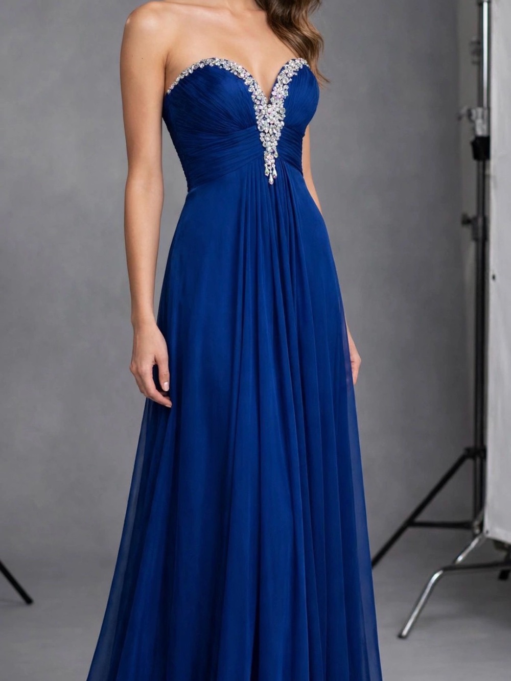 Jovani Strapless Sapphire Blue Evening Gown with Crystal Accents